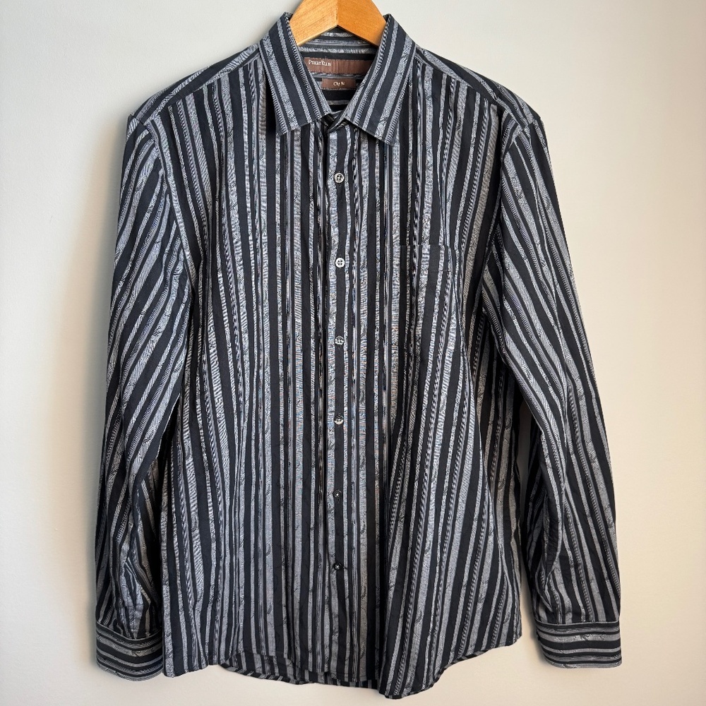 Perry Ellis City Fit Men's L Casual Dress Shirt Black/Gray Long Sleeve Button Up